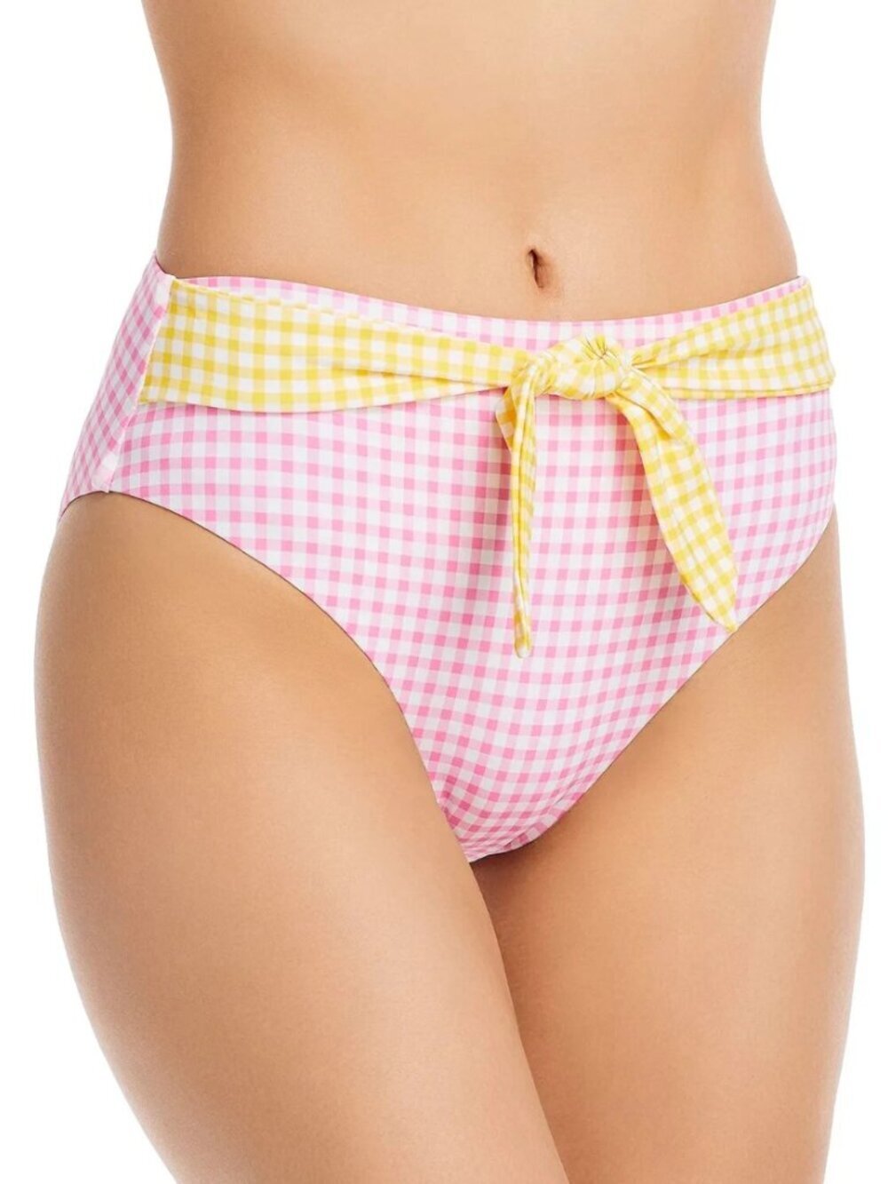 AQUA Swim Check Printed High Leg Swimsuit Bikini Bottoms Pink & Yellow Sz XS NWT